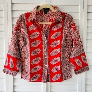 BCBGMaxAzria Cotton Shirt Womens M Cottagecore Retro 70s Boho Floral Lightweight